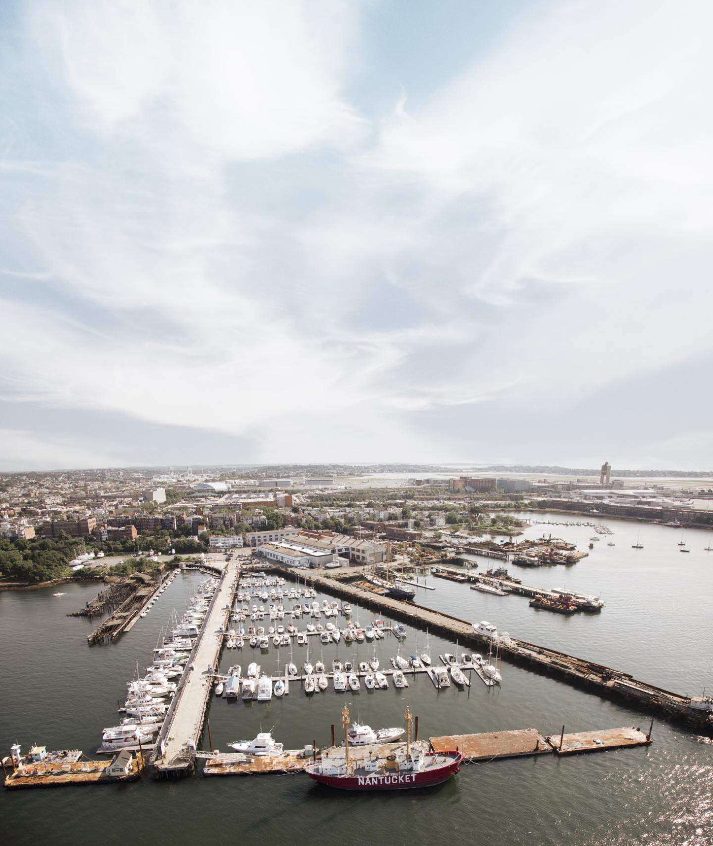 Aerial view over Boston Harbor Shipyard & Marina