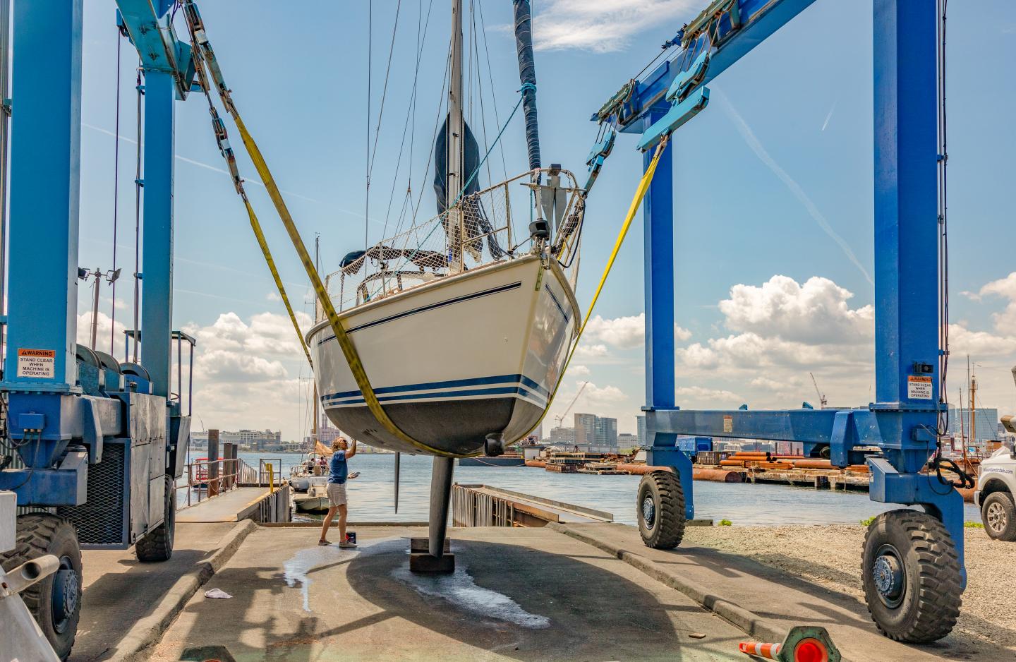 Travel lift at Boston Harbor Shipyard and Marina